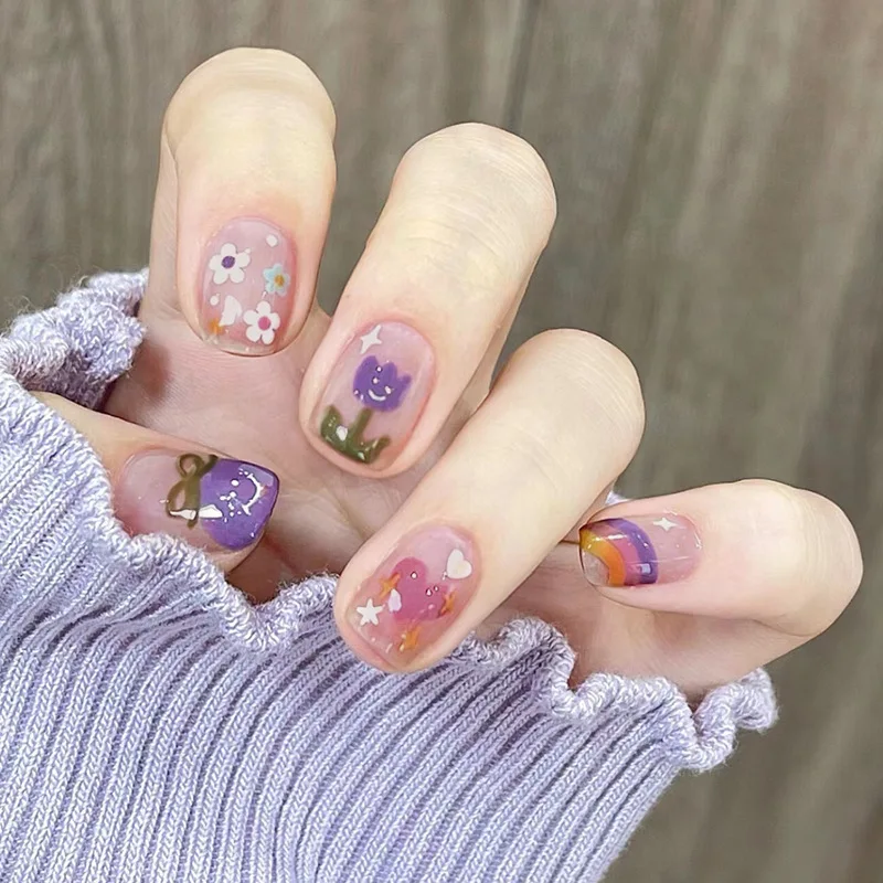 

24PCS Whimsical Tulip Press-On Nails – Medium Square Shape With Purple Hearts, Rainbow Flowers & Bow Motifs