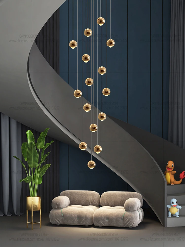 Modern LED Staircase Pendant Light Hanging Living Room Spherical Ceiling Light Designer Bedroom Pendent Lamp Indoor Lighting