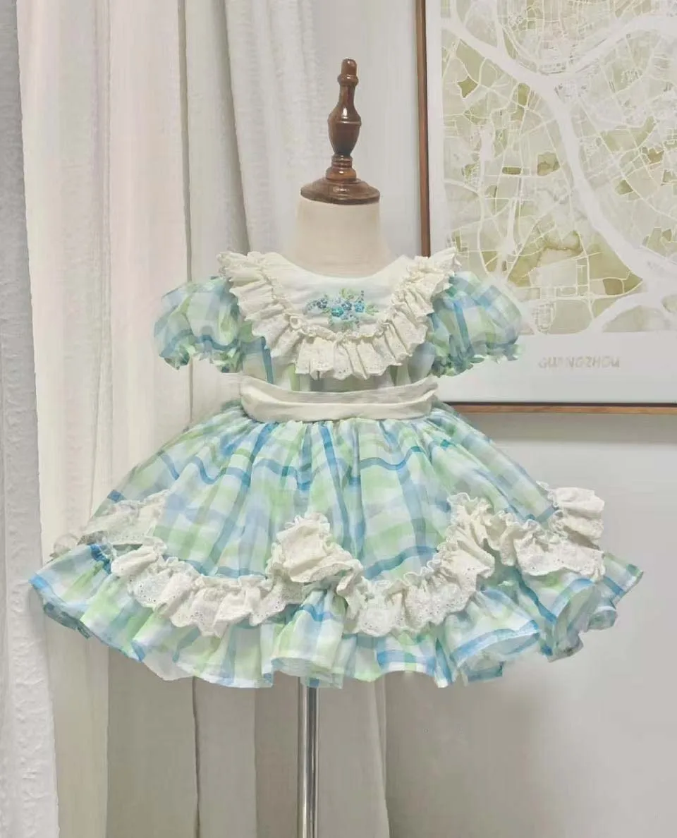 

0-12Y Baby Girl Green Plaid Rose Handmade Embroidery Vintage Princess Dress for Holiday Birthday Photography B381
