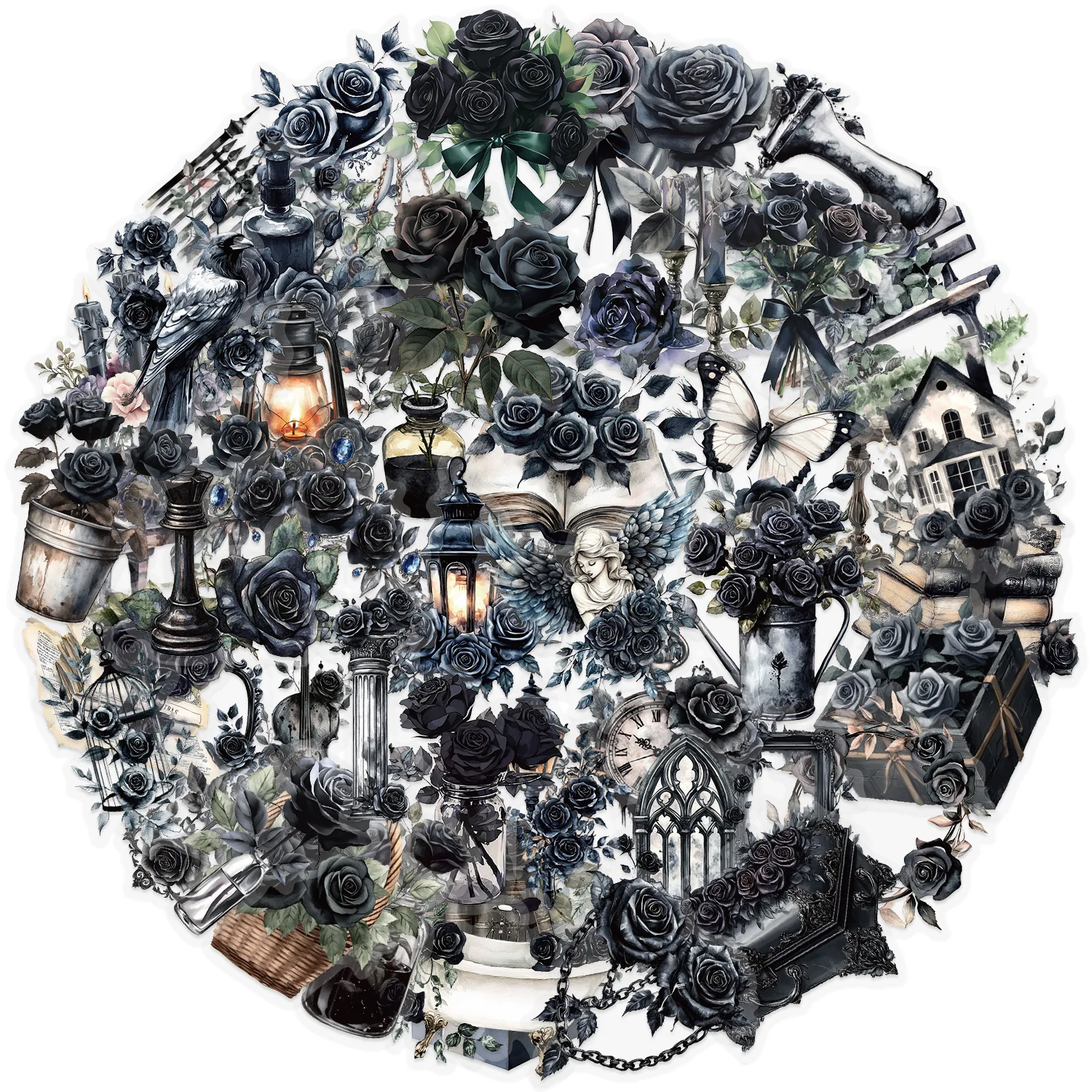 50 Uds. De pegatinas transparentes de arte rosa oscura de ensueño misterioso para mascotas, materiales de cuenta creativos, fundas decorativas para teléfono, taza de agua