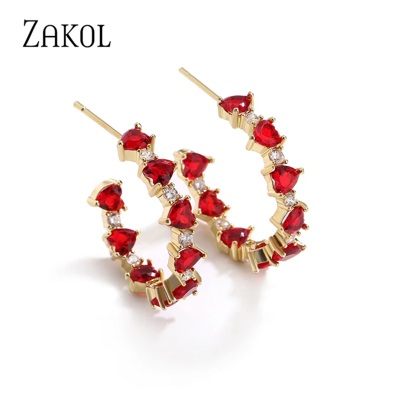 ZAKOL Fashion Red Circle Shape Stud Earrings for Women Heart Cubic Zirconia Earring  Party Jewelry EP5255