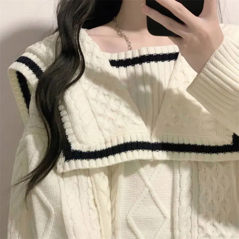 Deeptown Vintage Sailor Collar Women Sweater Preppy Basic Korean Fashion Autumn Knit Pullover Loose Jumper Japanese Aesthetic Jk