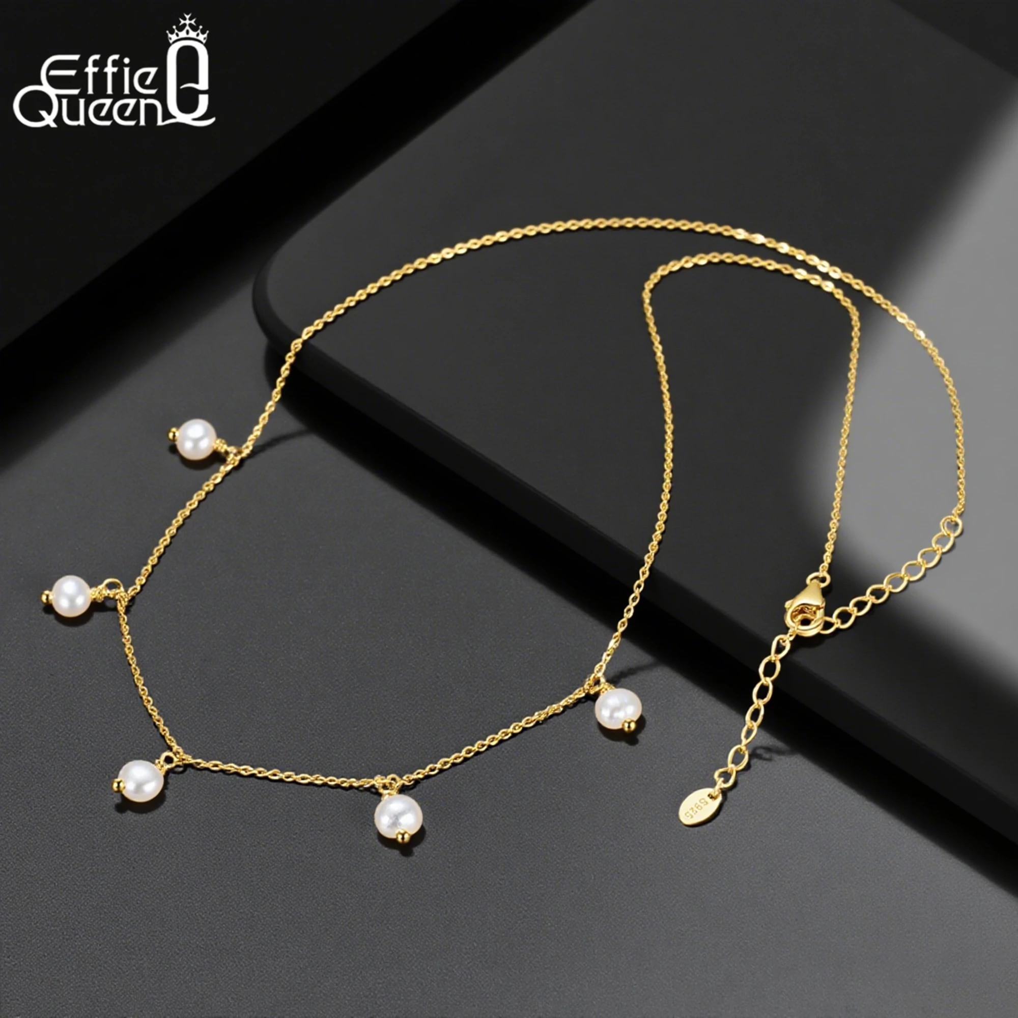 

EFFIE QUEEN 2025 Trend Necklace 14K Gold Enchanting 925 Sterling Silver Round Pearl Chain Necklace Exquisite Jewelry Gift GPN21