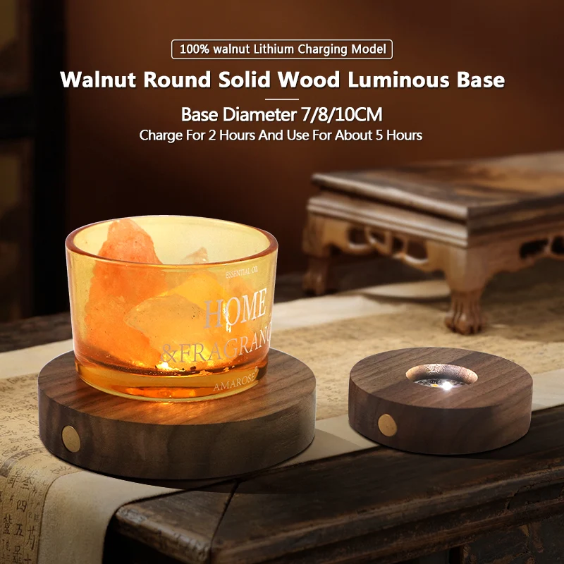 

Customized Black Walnut Base Lamp Holder Crystal Round LED Night Light Accessories Solid Wood Luminous Craft Base