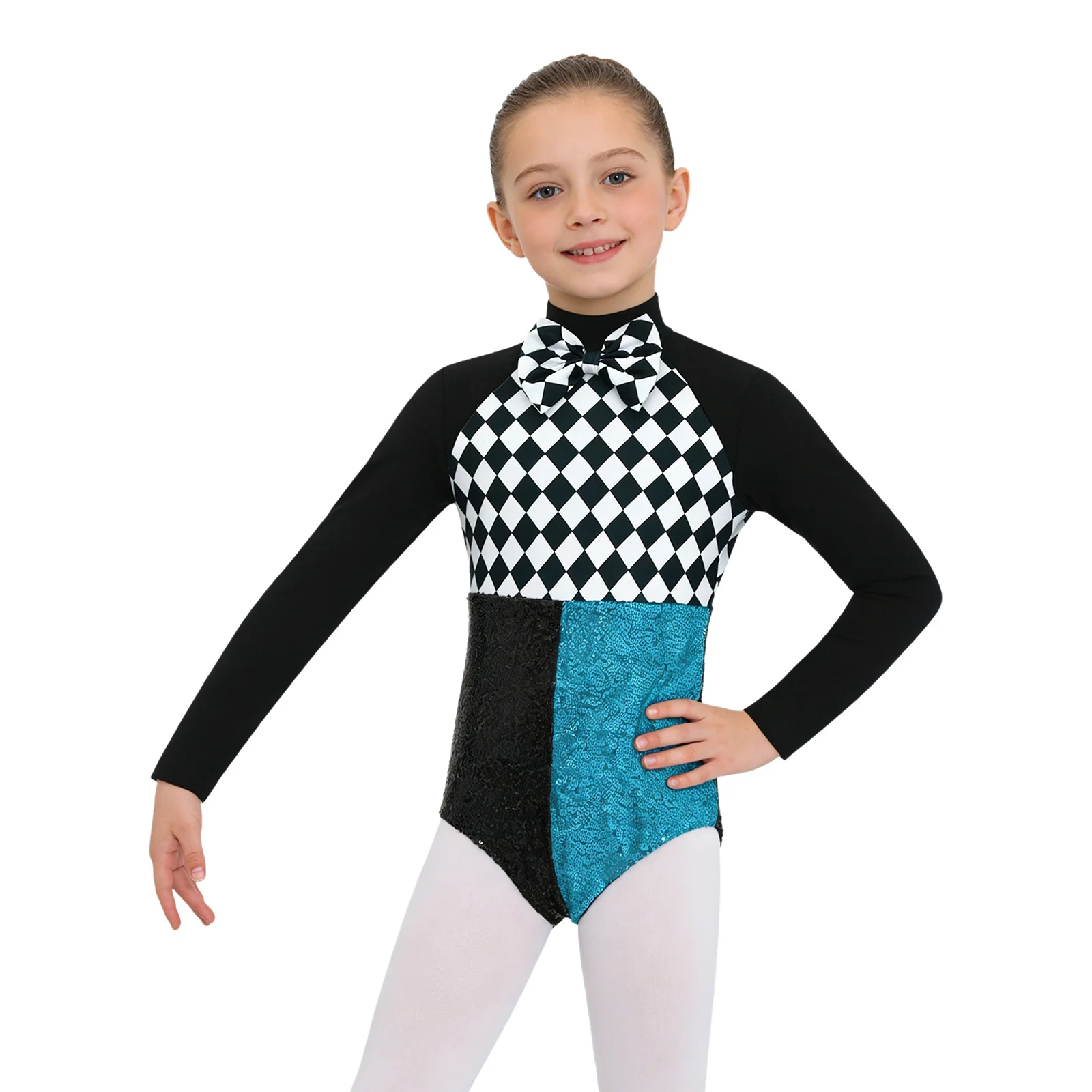 Girls Clown Costume Mad Roleplay Jumpsuit Kids Fancy Dress Checkerboard Shiny Sequins Bodysuit for Halloween Evil Jester Cospaly