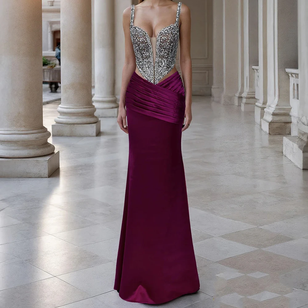 

Customized Mermaid Evening Dresses Floor-length V-neck Sleeveless Prom Gown Fashion Crystal Pleat Backless Draped Party Gown
