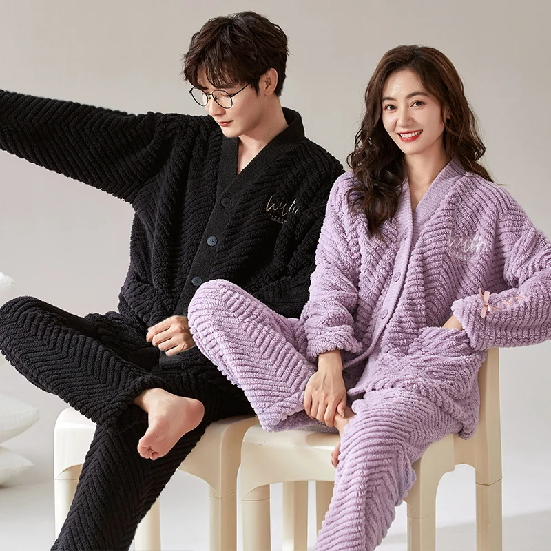 Japan Kimono Coral Fleece Pajamas Set for Couples Women and Men Matching Cardigan Sleepwear Young Girl Boy Pyjamas Mujer Hombre