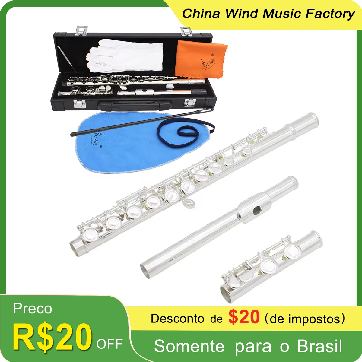 SLADE 16 Holes Silver Flute Close Key Add The E Key Flute for Beginner Student Flute with Cleaning Kit Case Gloves Tuning Rods