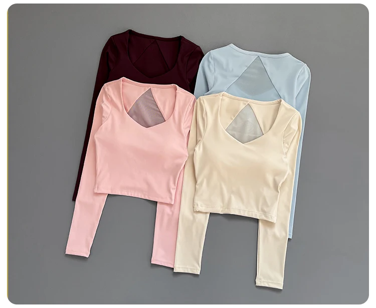 Women Deep V Mesh Back Cutout Crop Long Sleeve Yoga Top Slim Quick Dry Breathable Running Fitness Sports Tee