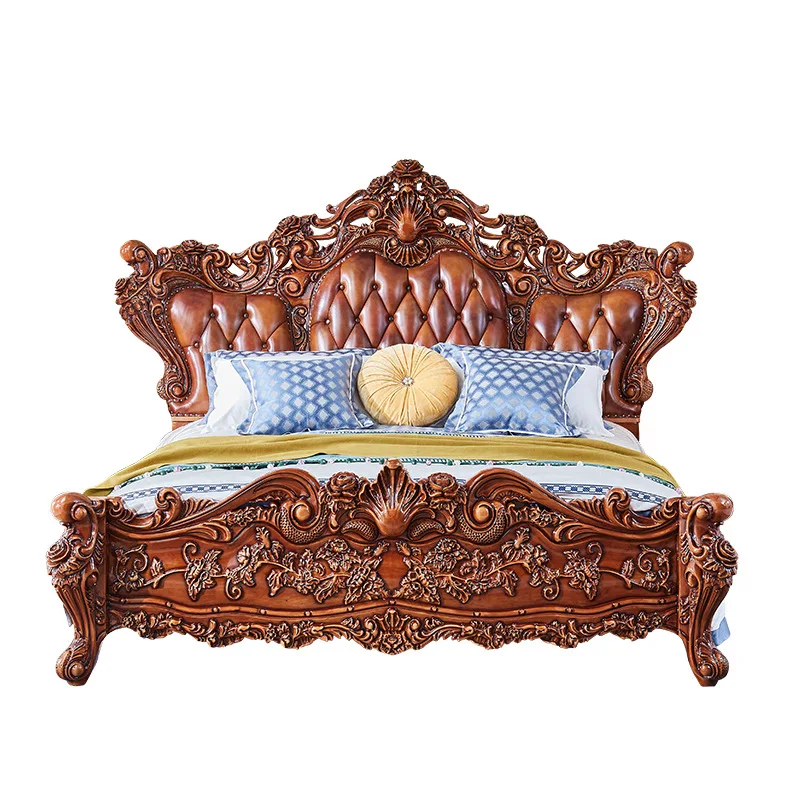European style solid wood bed master bedroom princess bed dark brown