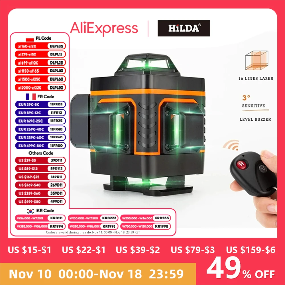 HILDA 12/16 Lines 3/4D Laser Level Level Self-Leveling 360 Horizontal And Vertical Cross Super Powerful Green Laser Level