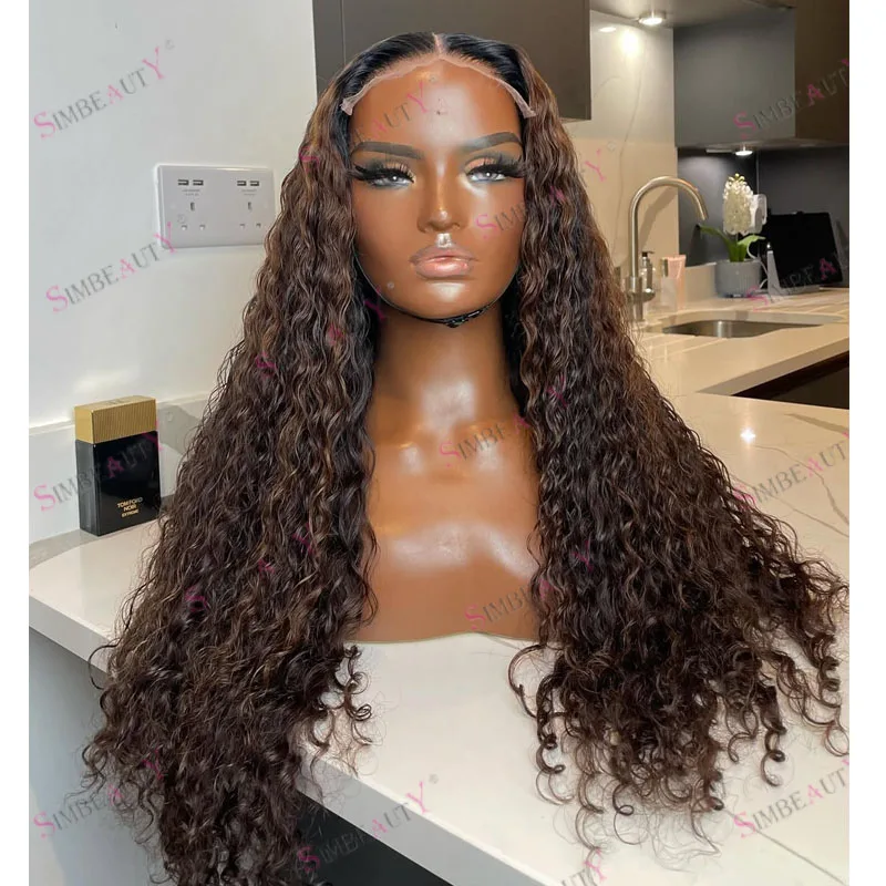 

Pre PLucked Natural Hairline Natural Curly Highlight Coffee Brown Blonde Human Hair 13x4 Lace Front Wigs with Baby Hair