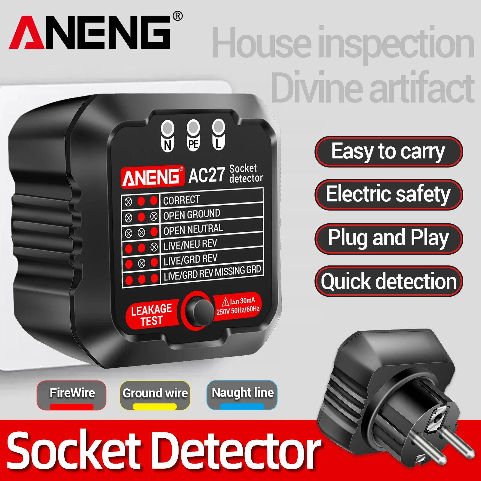 ANENG AC27 Portable Socket Tester EU/US Plug RCD Detector Polarity Phase Ground Checker Home Electrical Wiring Fault Finder