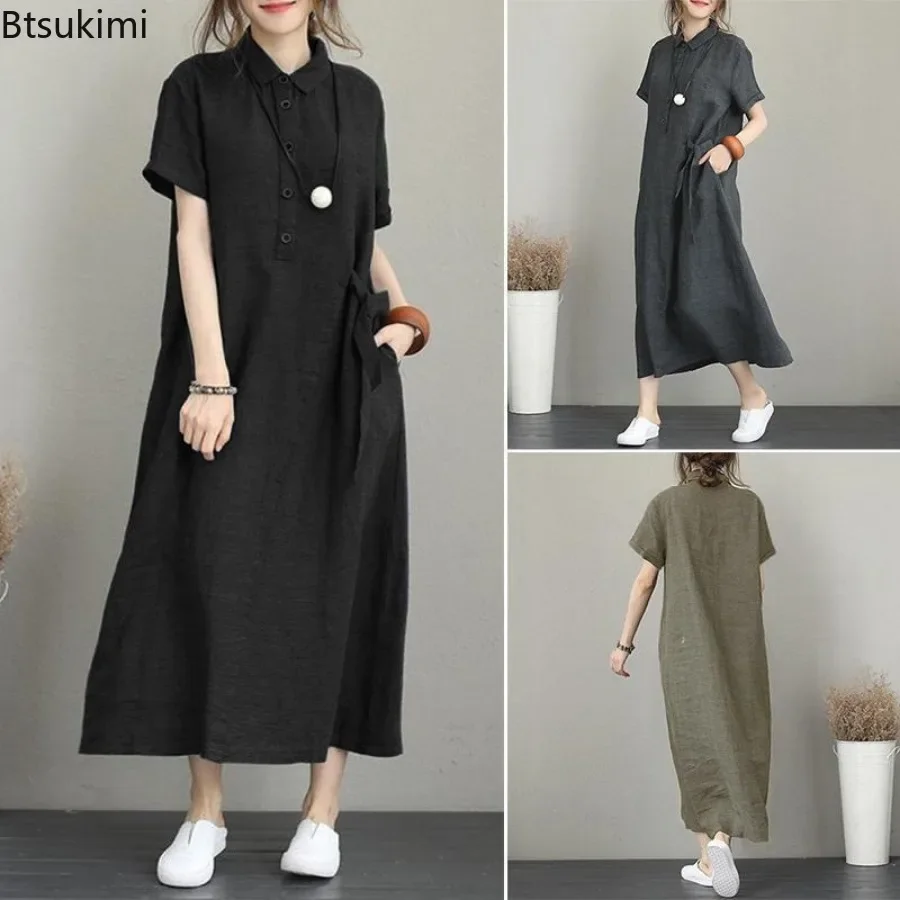 2024 zomerjurk eenvoudige vintage katoen linnen lange jurk voor vrouwen mode casual korte mouwen jurk effen vestidaos gewaad