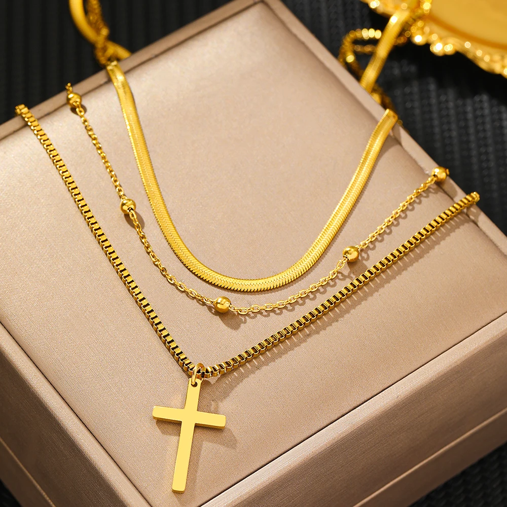 Stainless Steel Necklaces Fashions Temperament Crucifixion Pendant Multilayer Chain Necklace For Women Jewelry Birthday Gift New