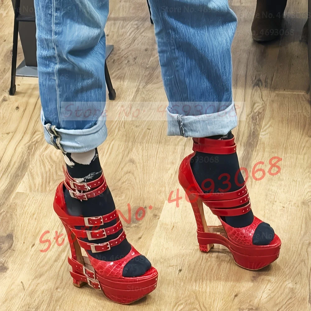 Red Crocodile Platform Sandals With Multiple Buckle Straps Women Sexy Cover Heel Stiletto High Heel Trendy Open Toe Metal Sandal