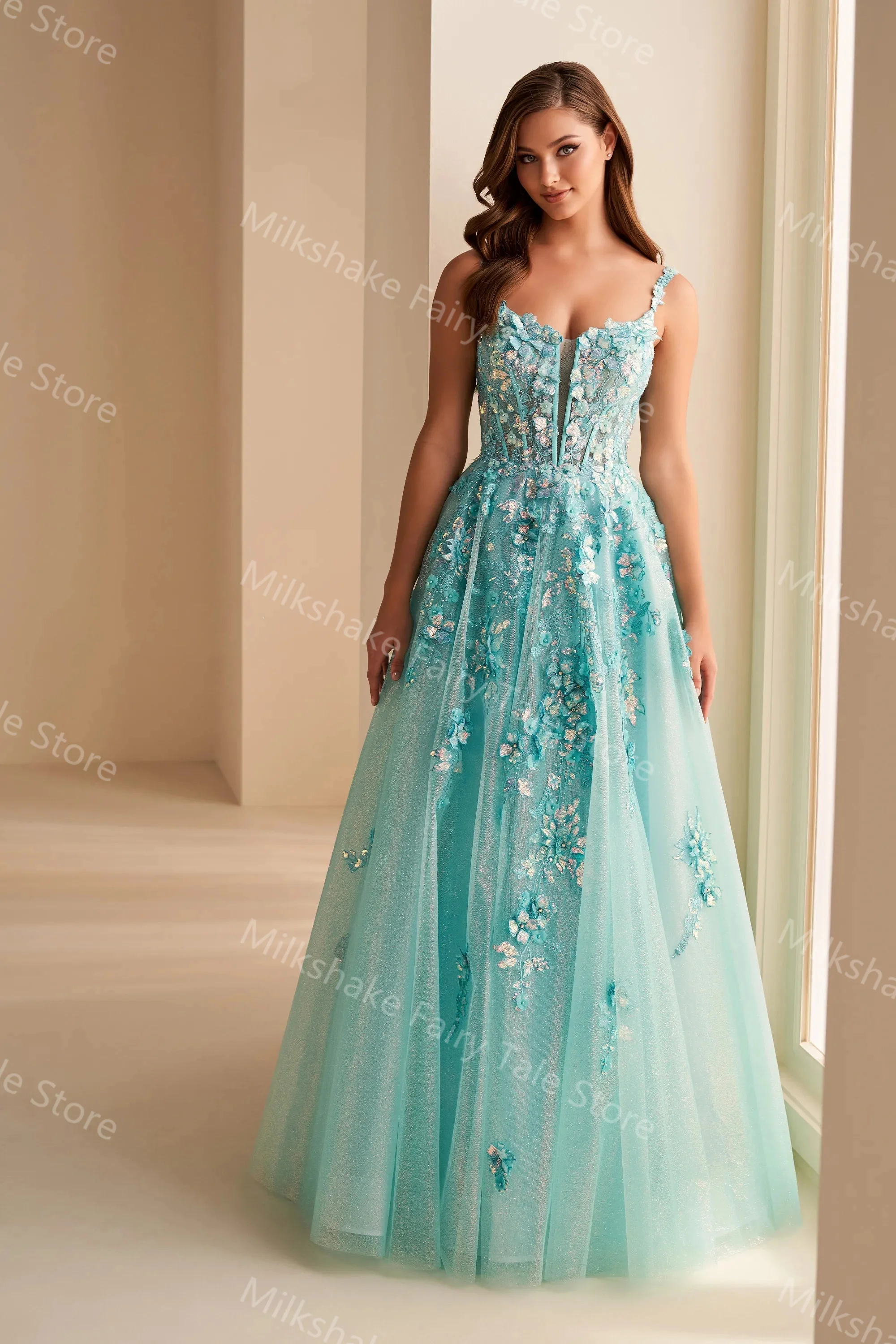 Robe de Bal de Forme Trapèze en Dentelle Brillante, Tenue de Soirée à Paillettes, avec Traîne de Balayage, Personnalisée, pour Remise de Diplôme