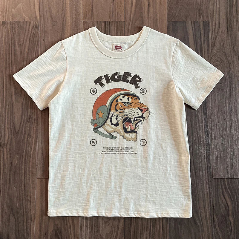 Xie Xianshen Men\'s Summer Retro Rough Cotton T-Shirt Tiger Print Casual round Neck Short Sleeve Youth Fashion Antibacterial