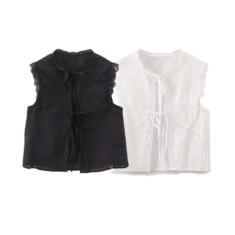 

Поп-женская летняя новинка, однотонная рубашка без рукавов с круглым вырезом и вертикальным кружевом с бантом и вышивкой, топ