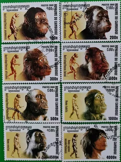 8 PCS,Cambodia Post Stamp,2001,The History of Human Evolution,Used with Post Mark,Stamp Collection