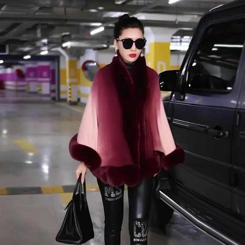 Vintage Gradient Imitation Fox Fur Collar Cloak Cape Women Outwear Fashion Loose Cheongsam Shawl Fur One-Piece Cape Knitted Coat