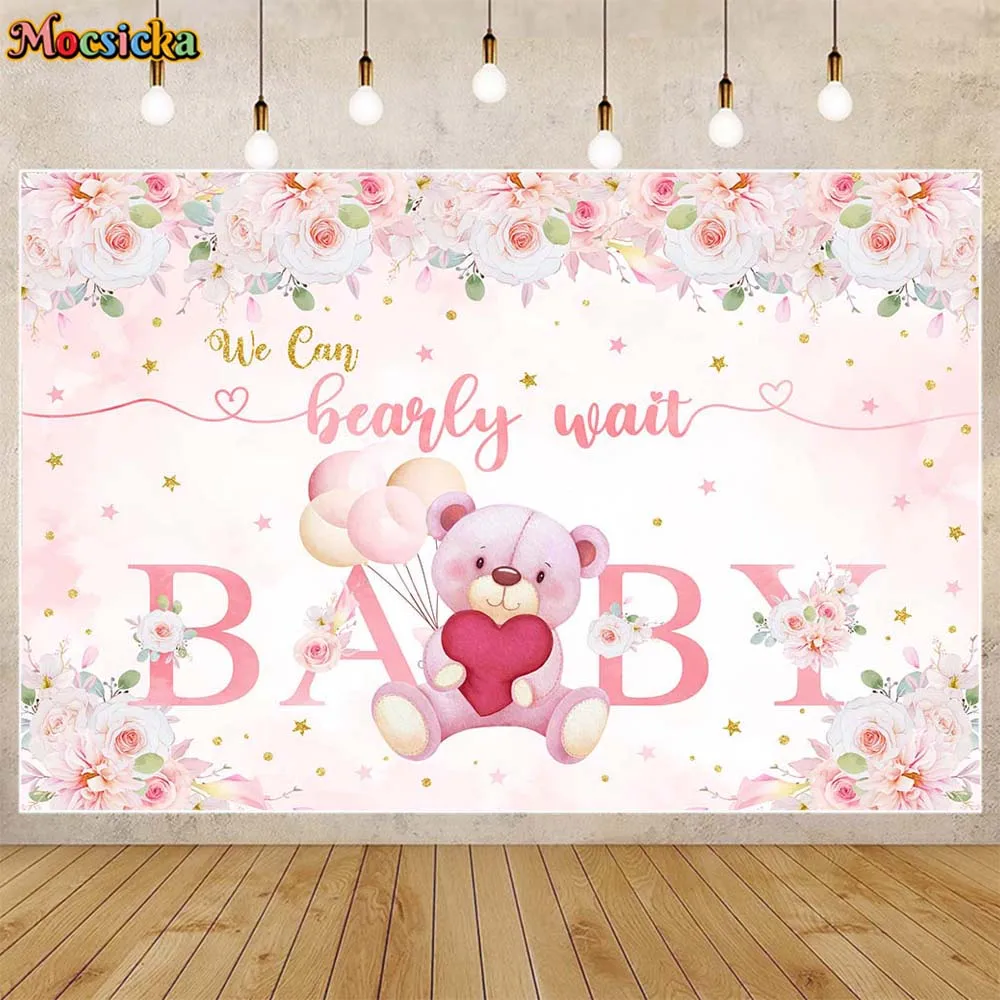 

Mocsicka Baby Shower Backdrop Pink Bear Flower Newborn Girl Welcome Party Decor Photo Background We Can Bearly Wait Banner Props