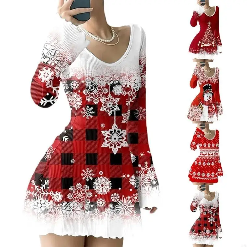 L38E Women's Elegant Flared Long Sleeve Christmas Dress Suitable for Special Parties