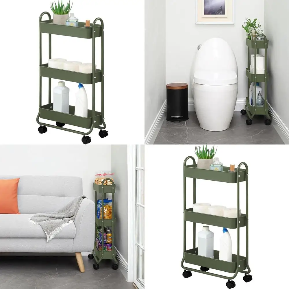 

3-Tier Rolling Storage Cart for Bathroom, Laundry, and Utility (Army Green)