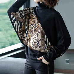 Turtleneck Leopard Patchwork Korean Long Sleeve Knitted Sweater Women Autumn Winter Casual Loose Street Knitwear Pullover Tops