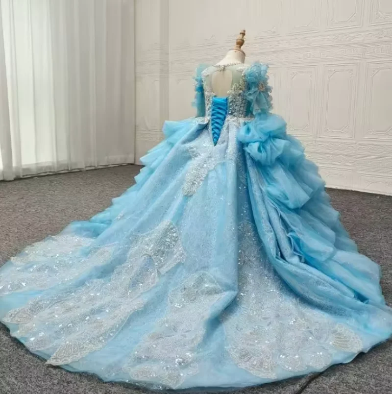 Vestido de flor brilhante extravagante para meninas, babados, tule macio, frisado pesado, vestidos de aniversário para meninas, festa do concurso