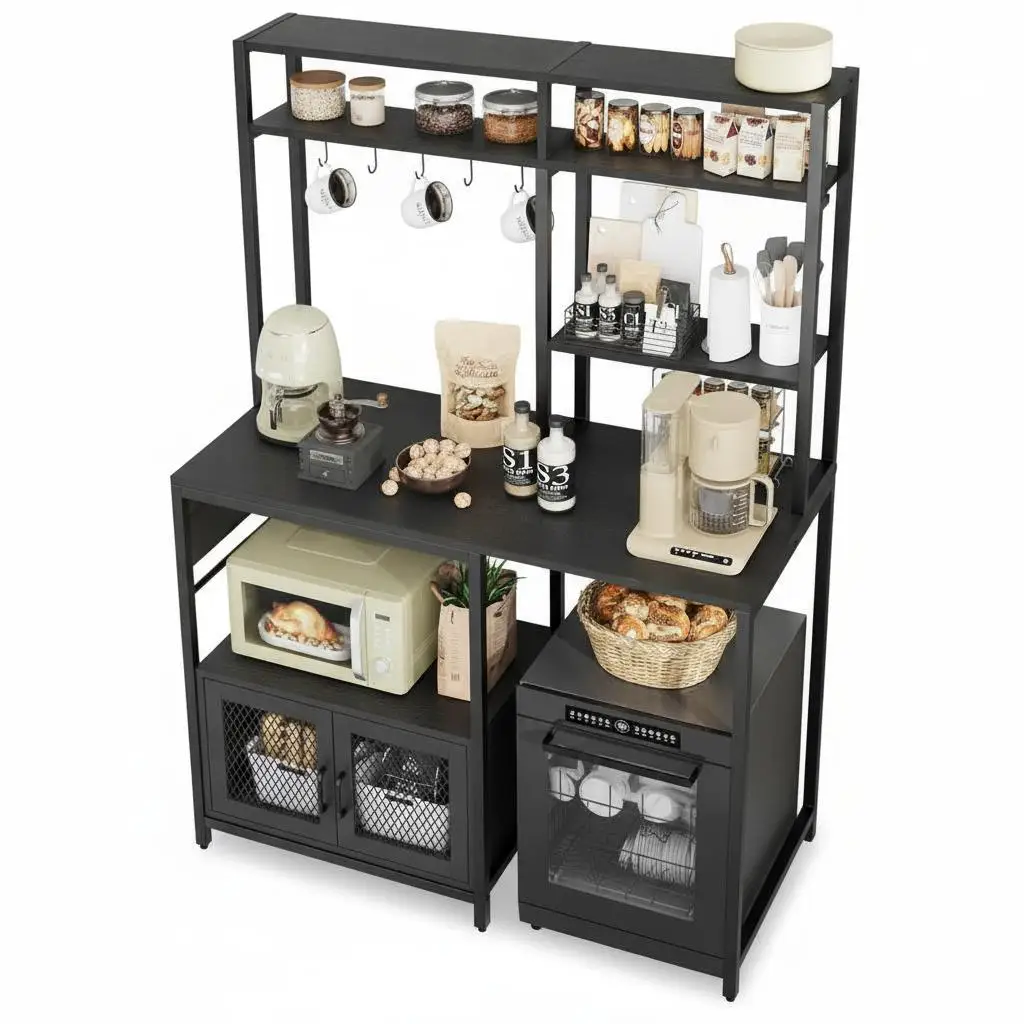 Bakers Rack With Power Outlet Microwave Stand Coffee Station With 2 AC Outlets 1 USB Port 1 Type C Port And Mini Fridge Storage Space For Kitchen Living Room Dining Room Home Office