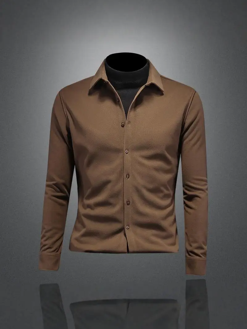 

Утепленная шерстяная мужская рубашка с длинным рукавом, повседневная вязаная рубашка в стиле пэчворк, осенне-зимняя новинка, теплая, приталенная, из полиэстера.