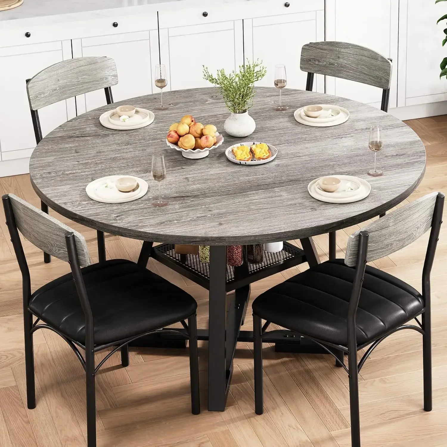 Round Dining Table Set for 4, Kitchen Table and Chairs for 4, Circle Table Round Pedestal Dining Room Dinner Dinette Table Set,5