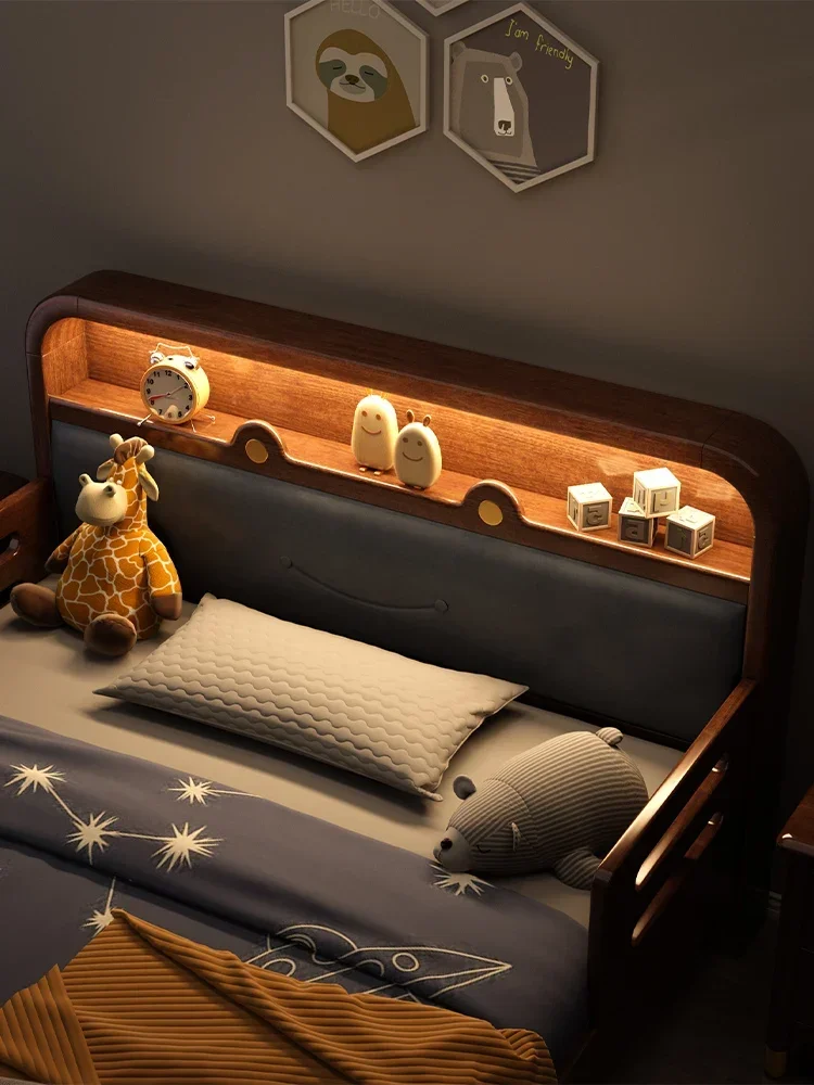 Teenagers Walnut Boys Single Bed with Fence Splicing Led Light Warm Light Bed