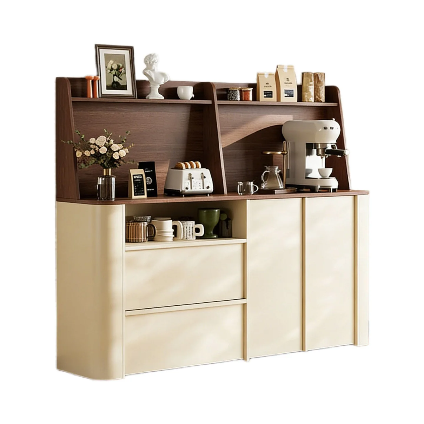 Small apartment with cream wind, living room chest, integrated storage locker against the wall