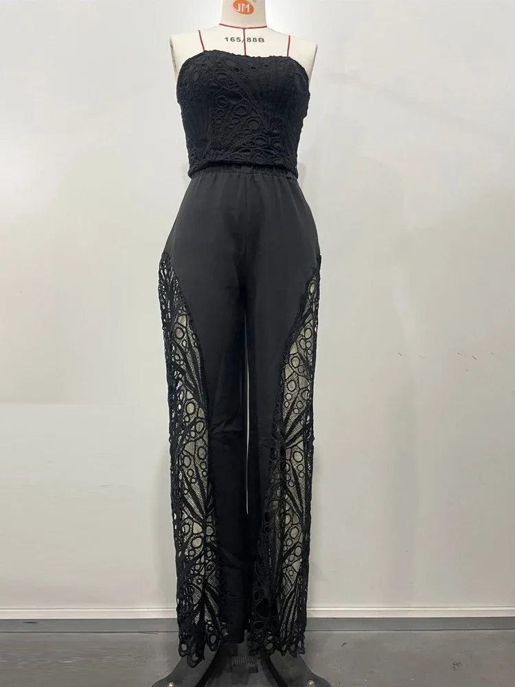 BWQ elegante ahueca hacia fuera el pecho de encaje Croset tubo superior y pantalones de piernas anchas conjunto de chándales de encaje para mujer conjunto Palazzo ropa Sexy para discoteca