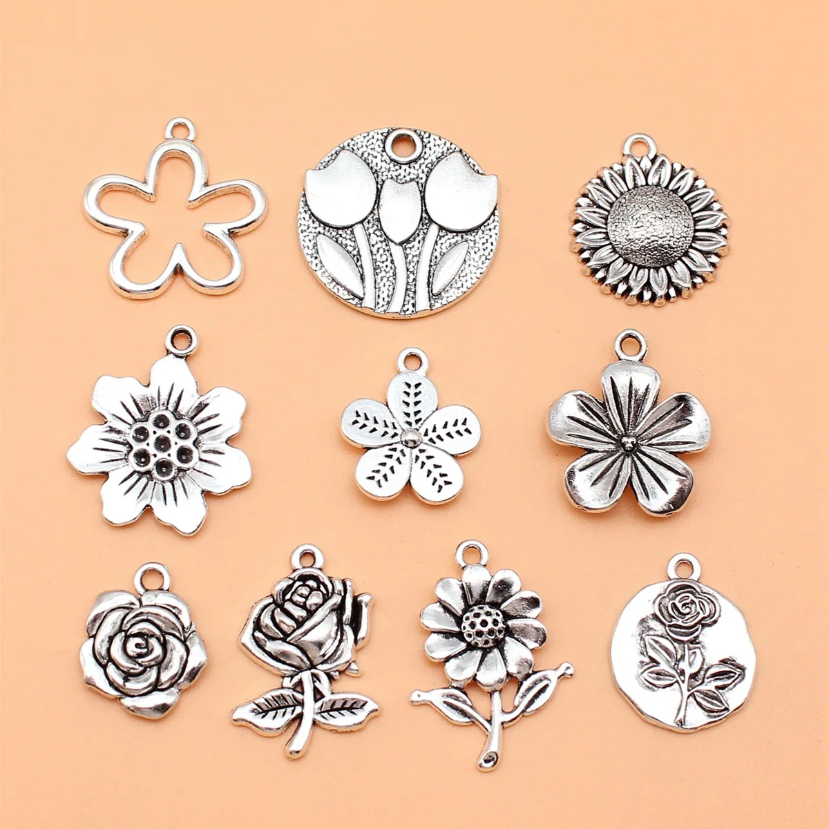 10pcs Antique Silver Color Flowers Charms Collection For DIY Jewelry Making, 10 Styles, 1 of Each