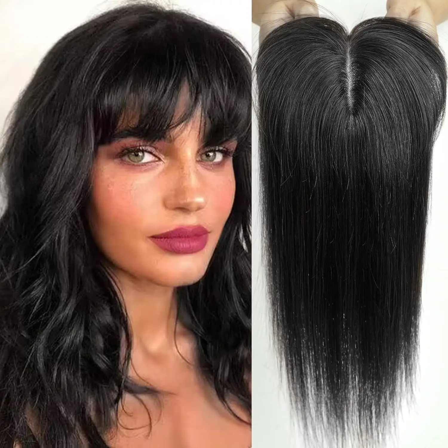 100% Remy Human Hair Toppers for Women Straight Brown Ombre 10inch Human Hair Topper with Bangs Silk Base Clip in Hair Extension image 3