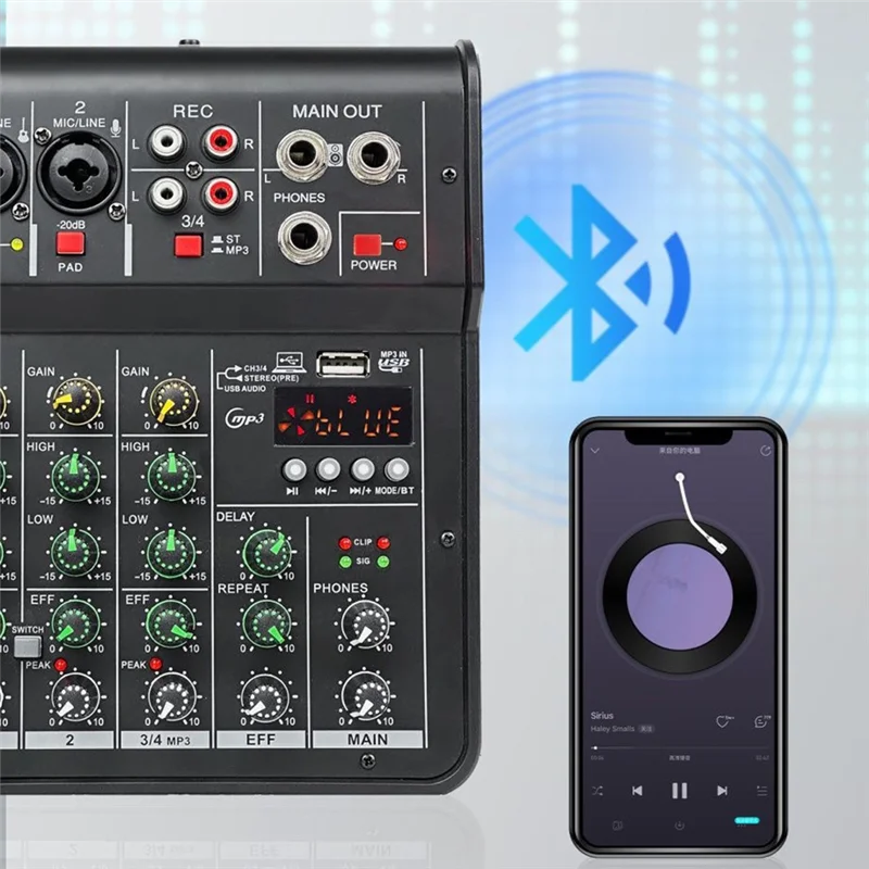 AA08-4채널 DJ 믹서 콘솔 무선 듀얼 마이크 블루투스 2웨이 오디오 컨트롤 홈 KTV 무대 스튜디오용