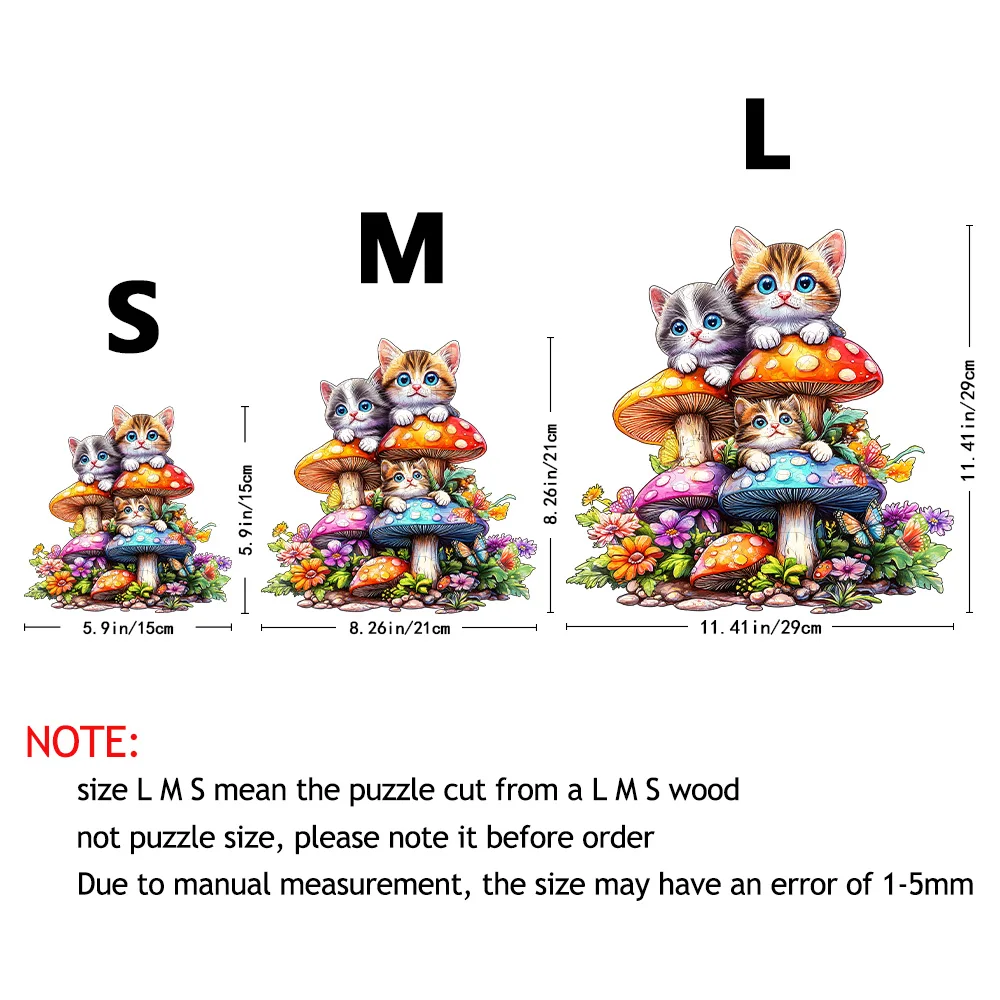 Wooden Puzzles for Adults, Cat Family Wooden Jigsaw Puzzles for Adults, Mushroom Kitten Wood Puzzles Adult, Unique Animal Shape