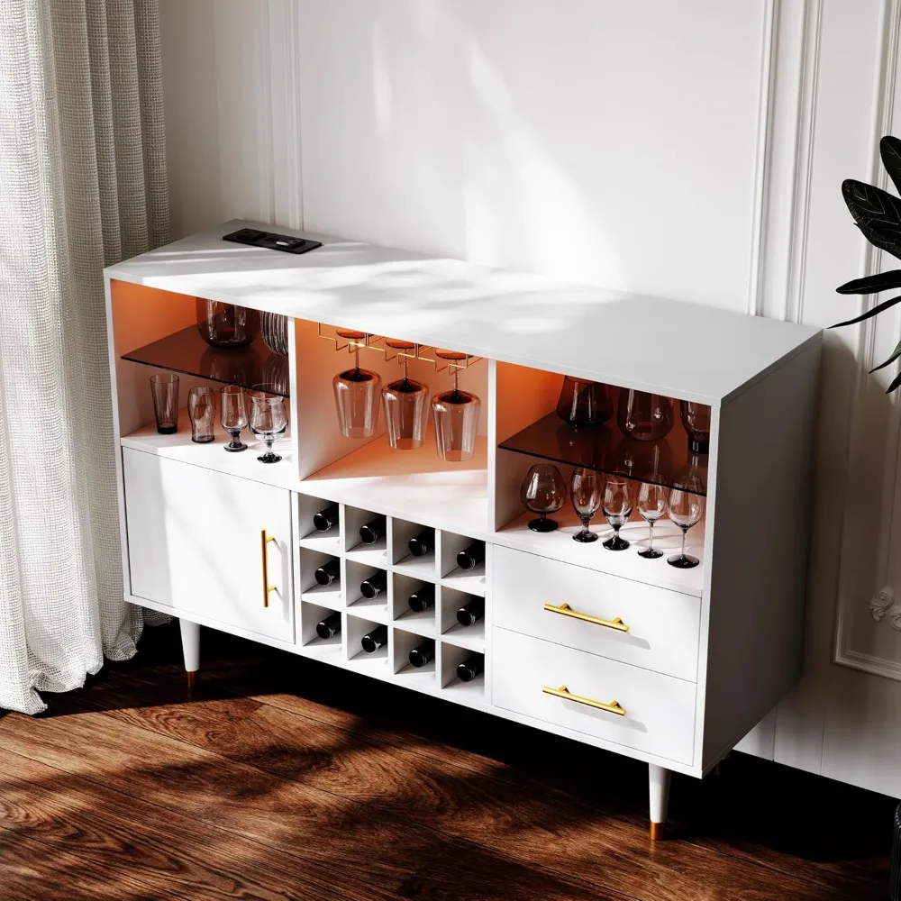 Armário de bar com estação de carregamento LED, buffet e aparador - ideal para bares de café e vinho, 47 polegadas branco
