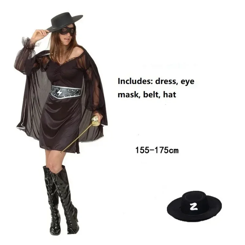 Disfraz de Zorro para hombre y mujer, ropa de espadachín de héroe negro, capa, chaqueta, máscara de ojos, cinturón, pantalones, sombrero, vestido de fiesta para niños