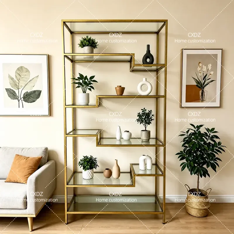 Luxury Gold Geometric Glass Display Rack Multi Layer Stepped Wrought Iron Living Room Art Shelf