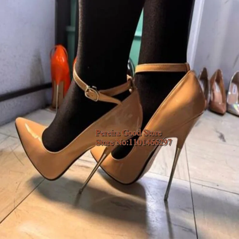 Sky High Heels Metal Women Pump Pointed Toe Ankle Strap 13cm 16cm Patent Leather Club Evening Party Shoes Purple Red Black