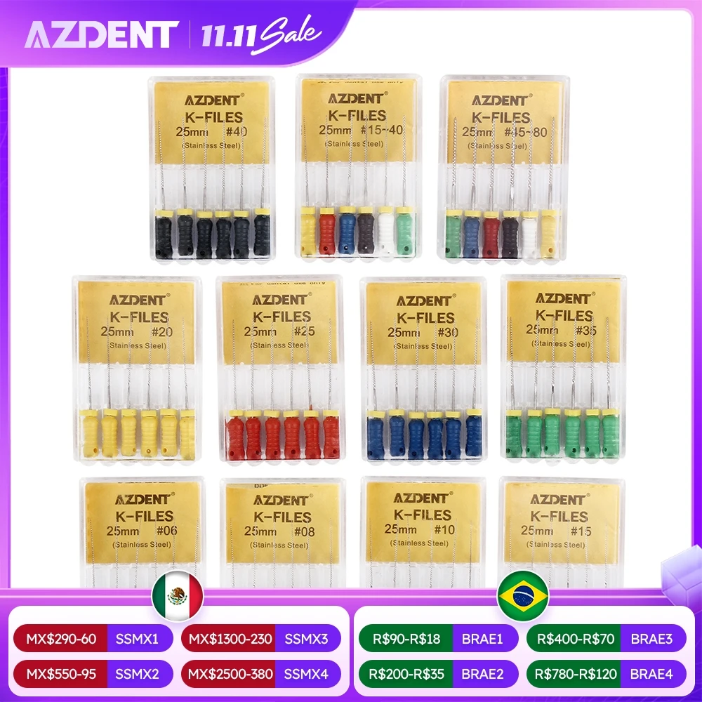 6Pcs/Pack AZDENT Dental Hand Use K-Files 21/25mm Stainless Steel Endodontic Root Canal Files Dentist Tools Dental Lab Instrument