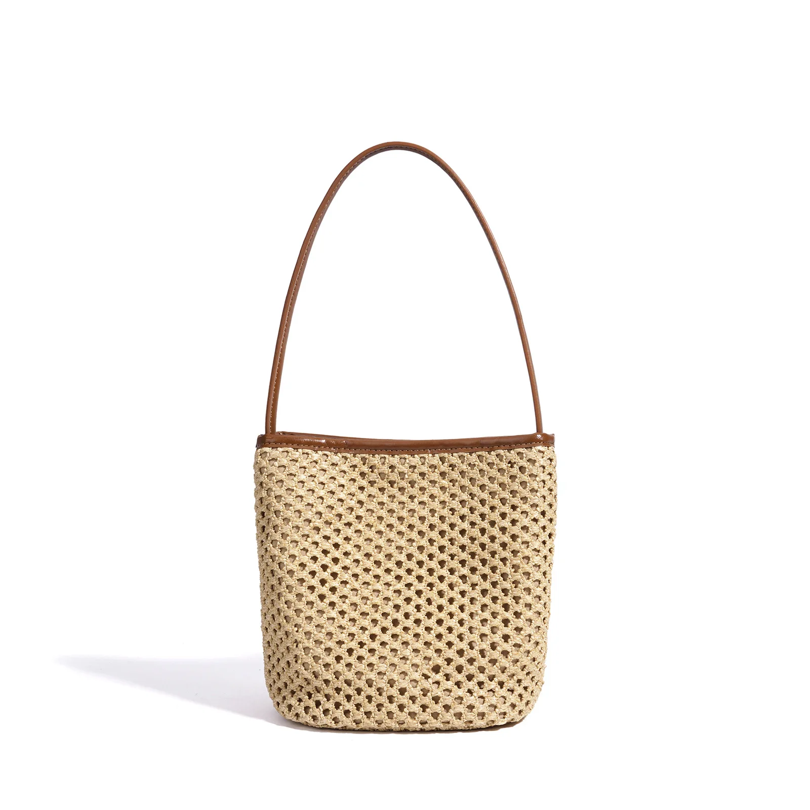 

Natural Straw Woven Bucket Bag Faux Leather Trim Adjustable Crossbody Purse 3 Colors Summer Beach Handbag For Women