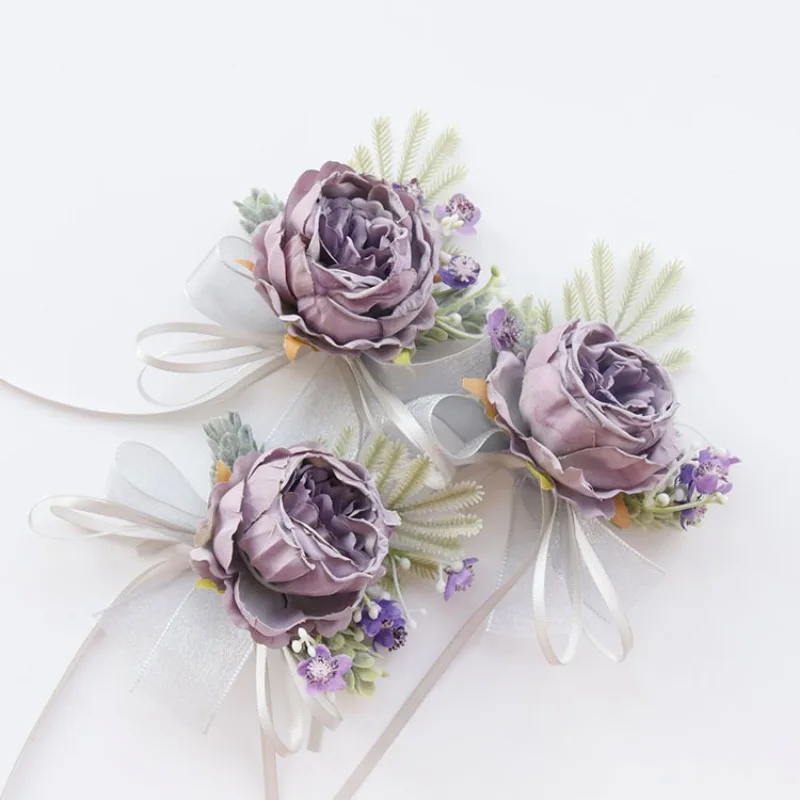 Fleurs roses artificielles violettes, boutonnières de garçon d'honneur, corsage de poignet, accessoires de mariage de demoiselle d'honneur