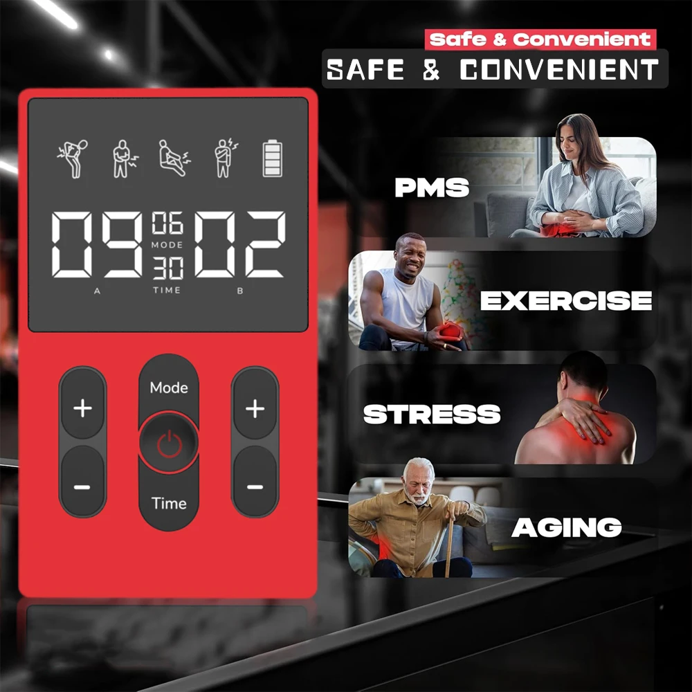 عشرات ميريديان مدلك EMS متعدد الوظائف 12 وضع 36 مستوى كثافة توقيت ثنائي القناة إخراج استرخاء العضلات