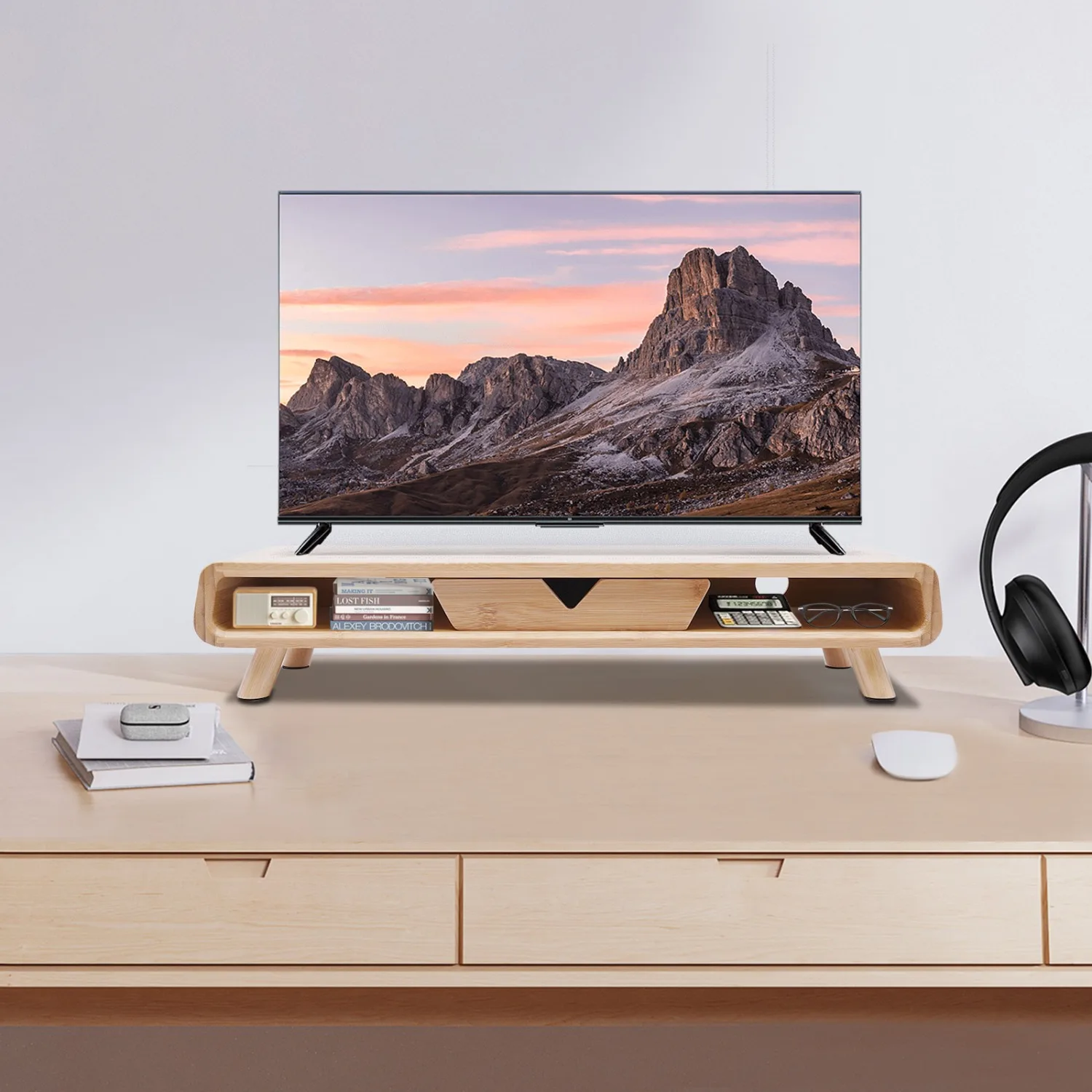 Bamboo Monitor Stand Riser, No Assembly Required Exquisite Monitor Stand With Drawer, Ergonomic Height Wood Monitor Stand