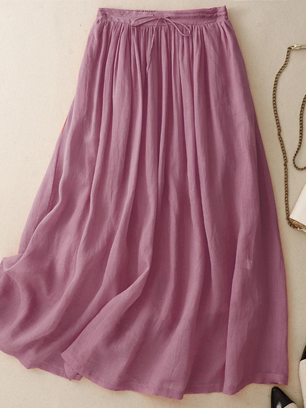 Retro zen dupla camada de algodão linho feminino verão cintura elástica cintura alta dra saia a linha guarda-chuva saia commute sle